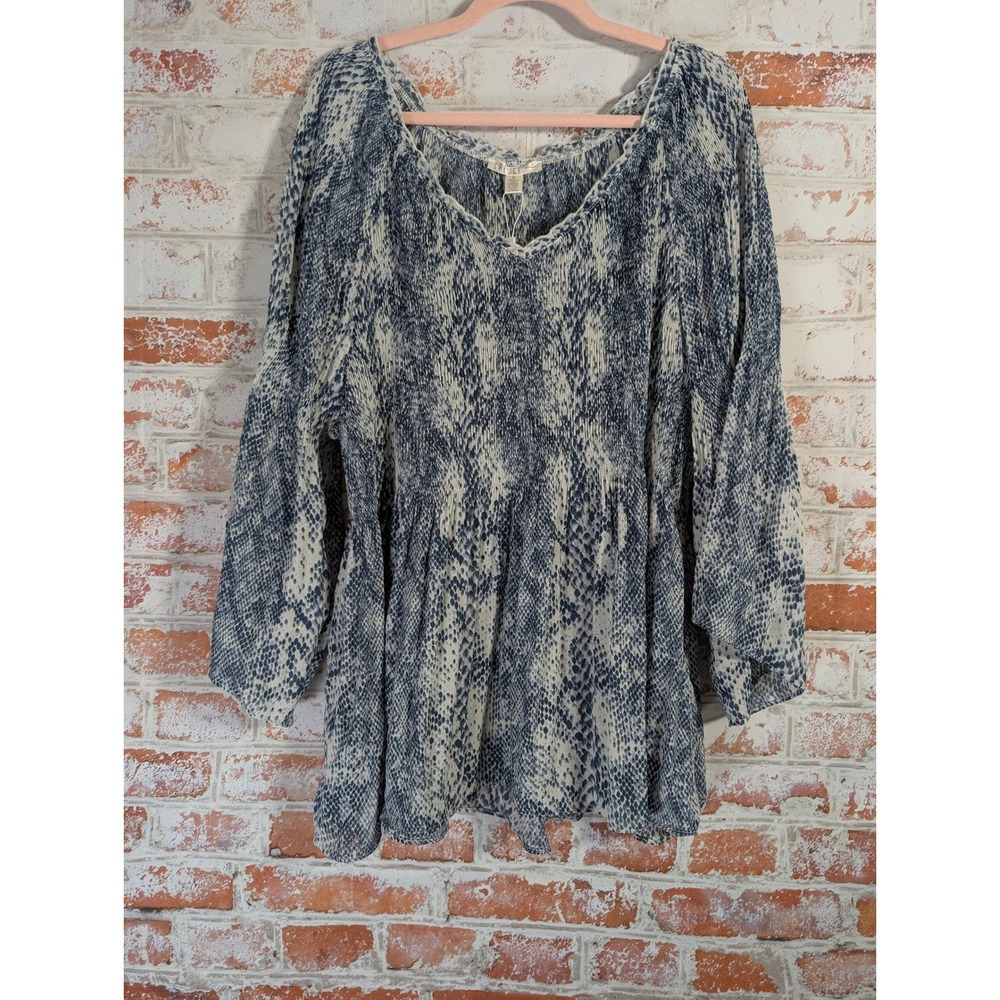 Spense Blouse Womens 2X Blue Snakeskin Print V-Neck Pleated Peplum Top NEW